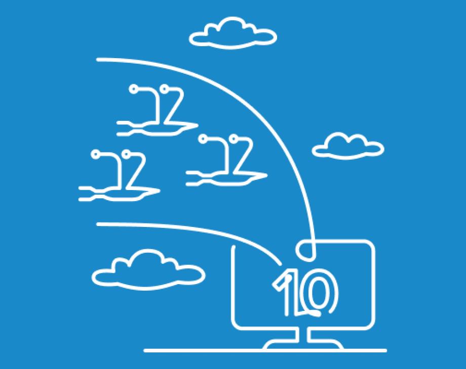 Two-color illustration depicting upgrades from older versions of Drupal to Drupal 10
