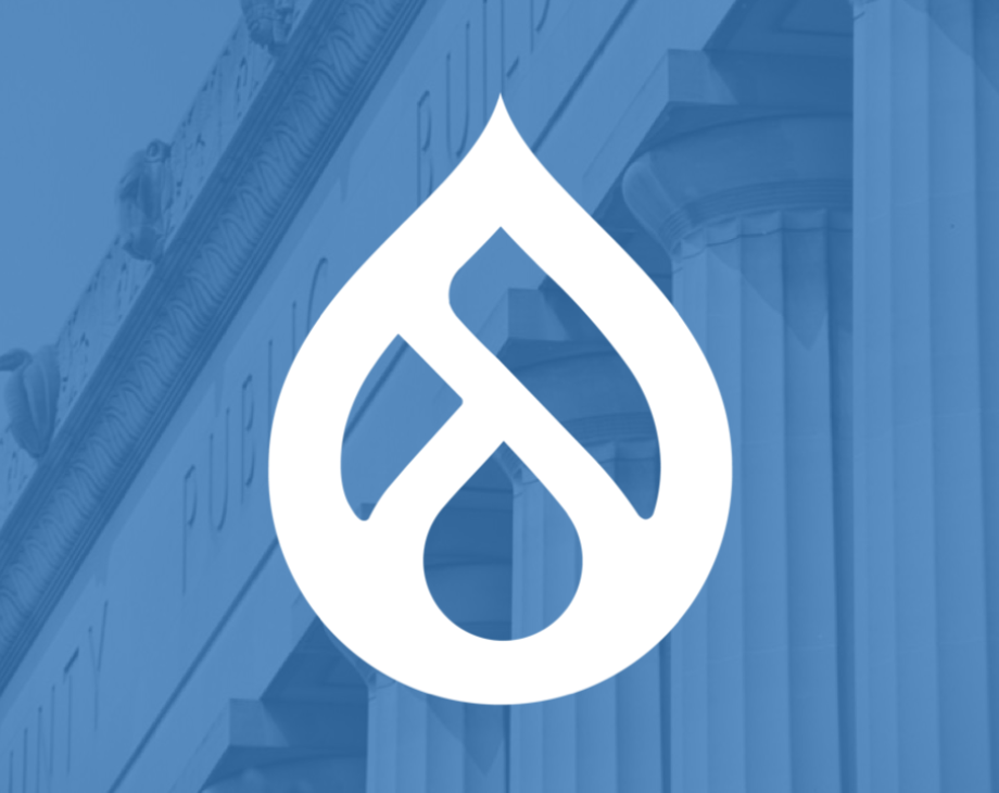 Drupal logo overlaid on public building
