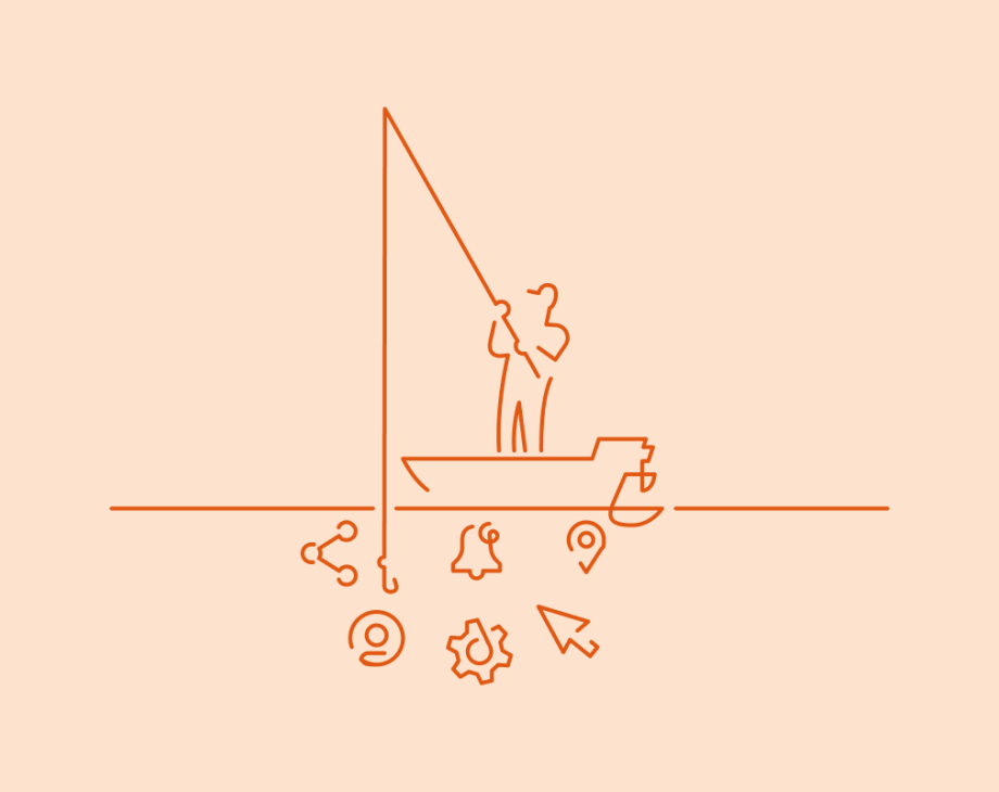 Person fishing from boat with UI/UX icons in the water below