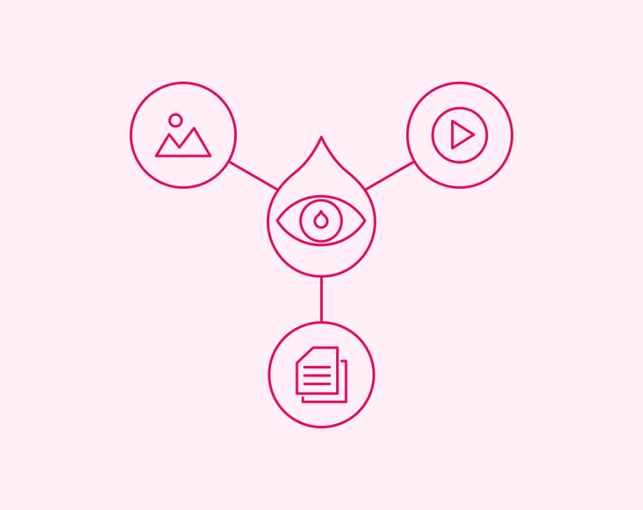 Drop in middle with eyeball surrounded by icons for image, video, and document