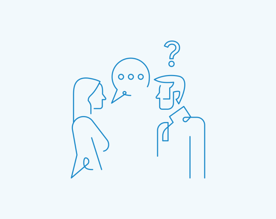 Man with question mark above head next to a woman with a speech bubble