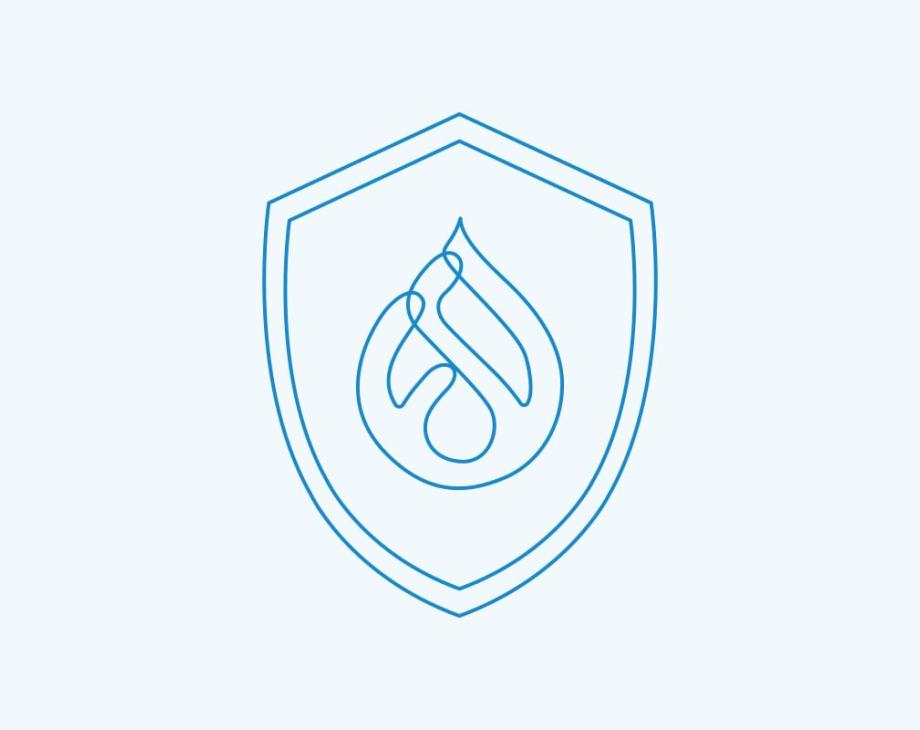 Two-color illustration of Drupal logo centered in a shield