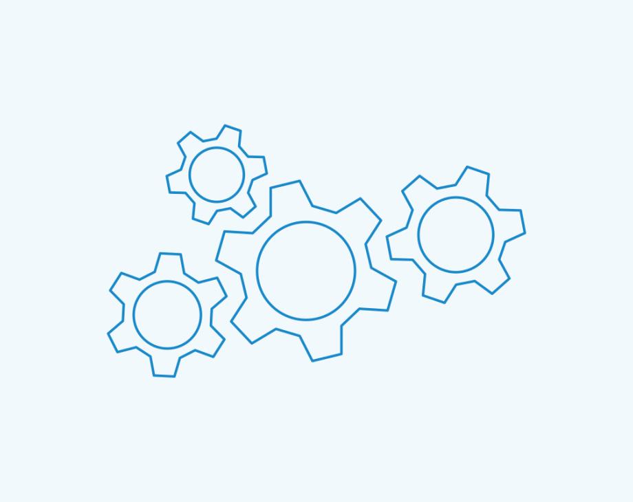 Two-color line art of gears turning