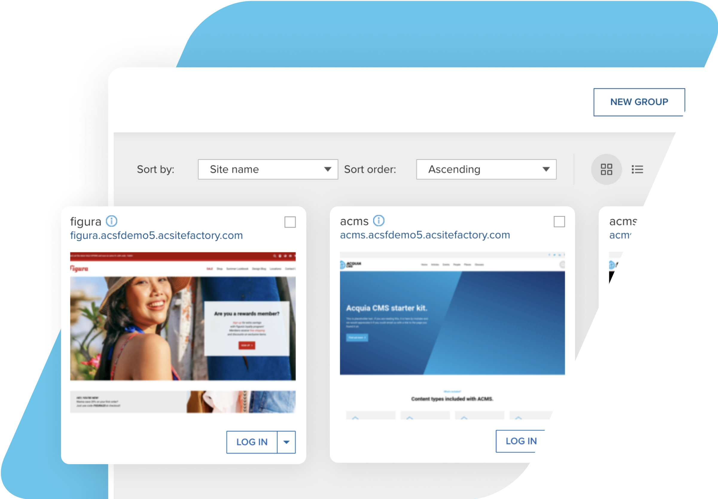 Blue Parallelogram with screenshots of an Acquia product coming out of it