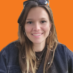 Agnes Lind Headshot with an orange background