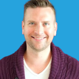 Jamie Stepien headshot with a blue background