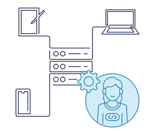 line art of devices connected by a server with an icon of a developer and settings cog overlapped