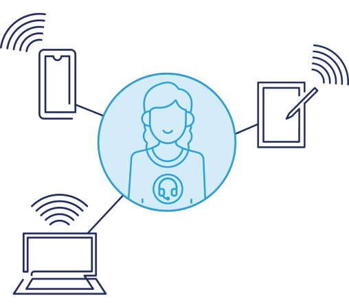 blue and navy support person connected to multiple devices line art