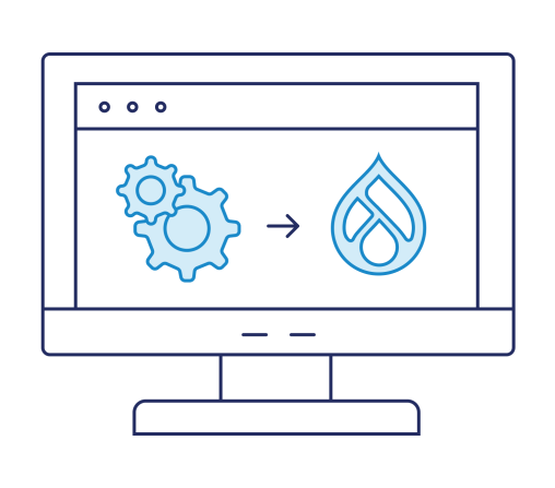 navy and blue line art of screen with cog wheels converting to drupal