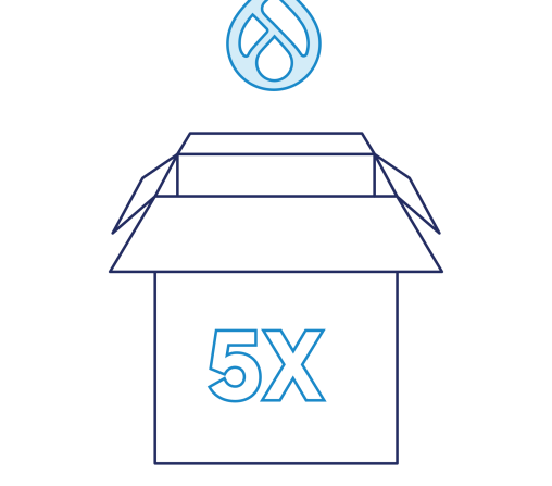navy and blue line art of drupal icon dropping into a box that reads 5x