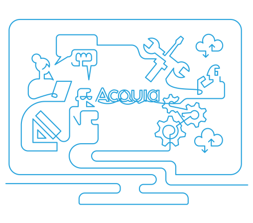 blue line art of desktop with various support and maintenance icons