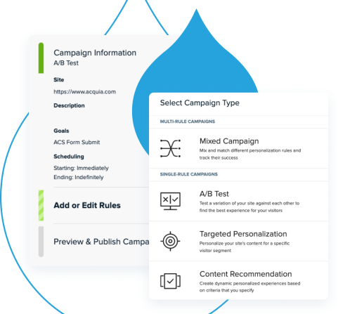 Personalization interface screenshots paired with blue acquia droplets