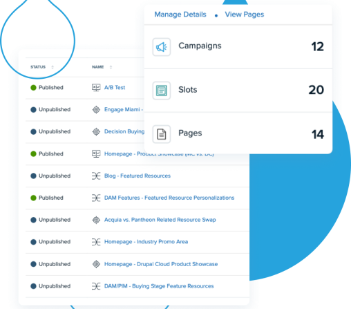 Personalization interface screenshots paired with blue acquia droplets