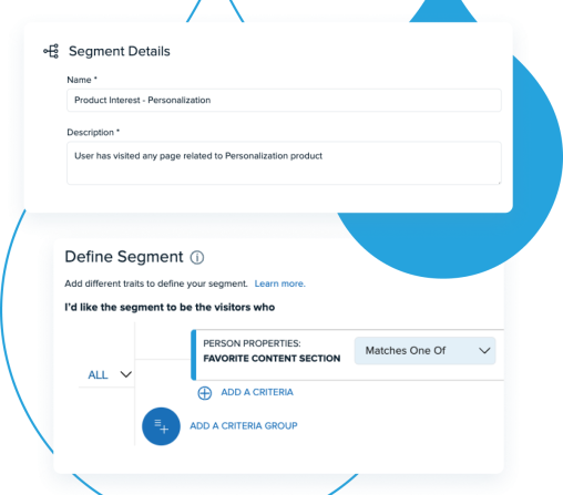 Personalization interface screenshots paired with blue acquia droplets