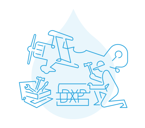blue line art of a person repairing a plane with a DXP tool box