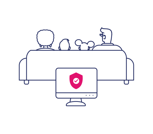 navy and pink line art of people sitting on a couch and a computer with a security shield