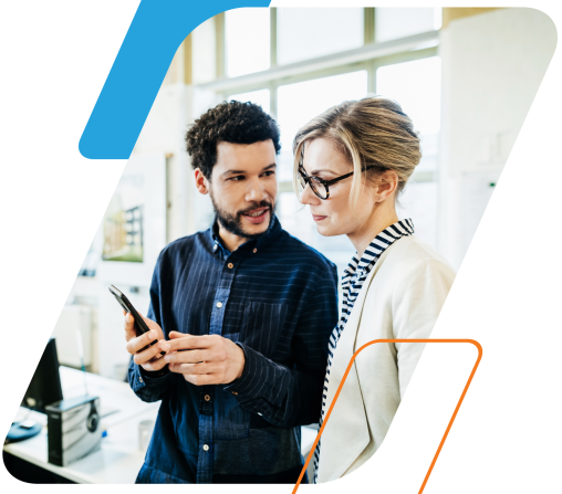 blue and orange parallelograms with image of two people talking over a phone