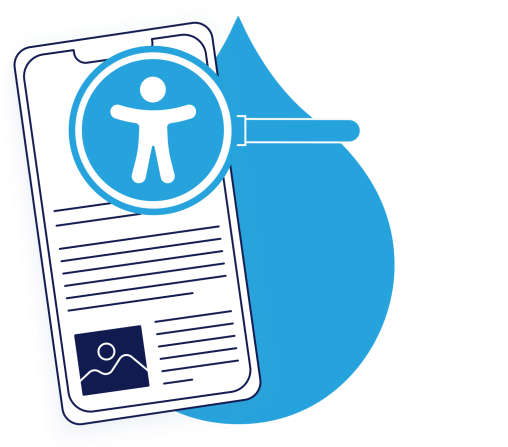 illustration of a mobile device with a magnifying glass over a web page and the accessibility logo
