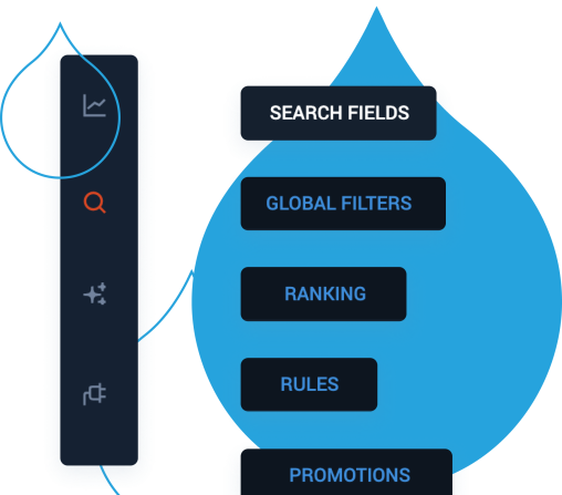 Acquia Search screenshots showing various tools that marketers can use