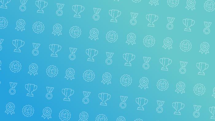 blue to teal gradient with award icons