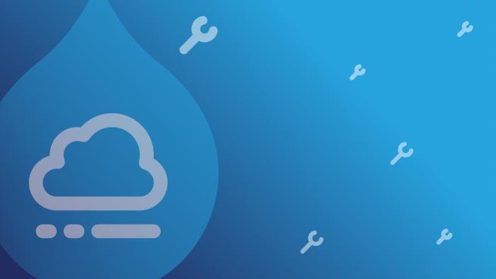 NAvy to blue gradient background with the acquia cloud platform logo surrounded by icons of wrenches