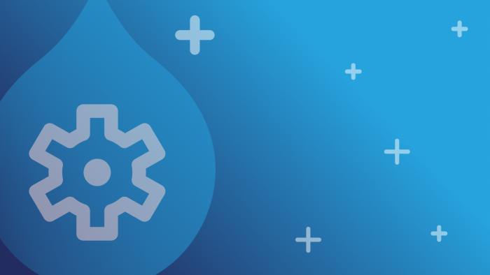Drupal CMS product logo on a navy and blue gradient background surrounded by plus signs