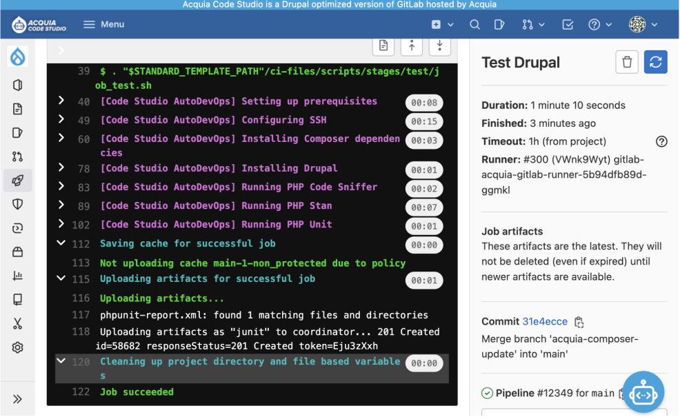 Screenshot of Acquia Code Studio that shows its automated tests feature