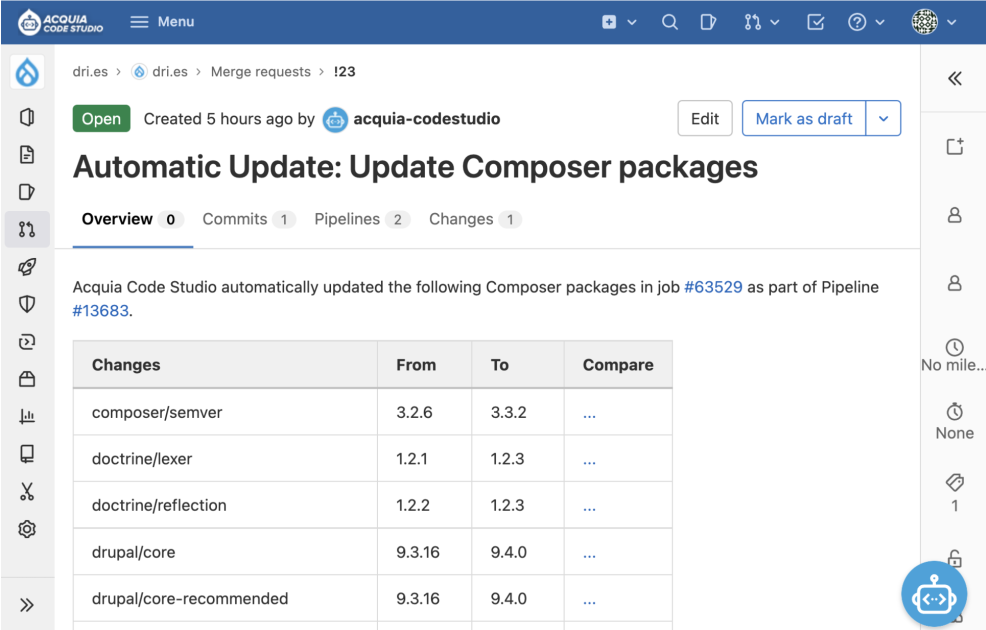 Screenshot of Acquia Code Studio that shows its automated update feature