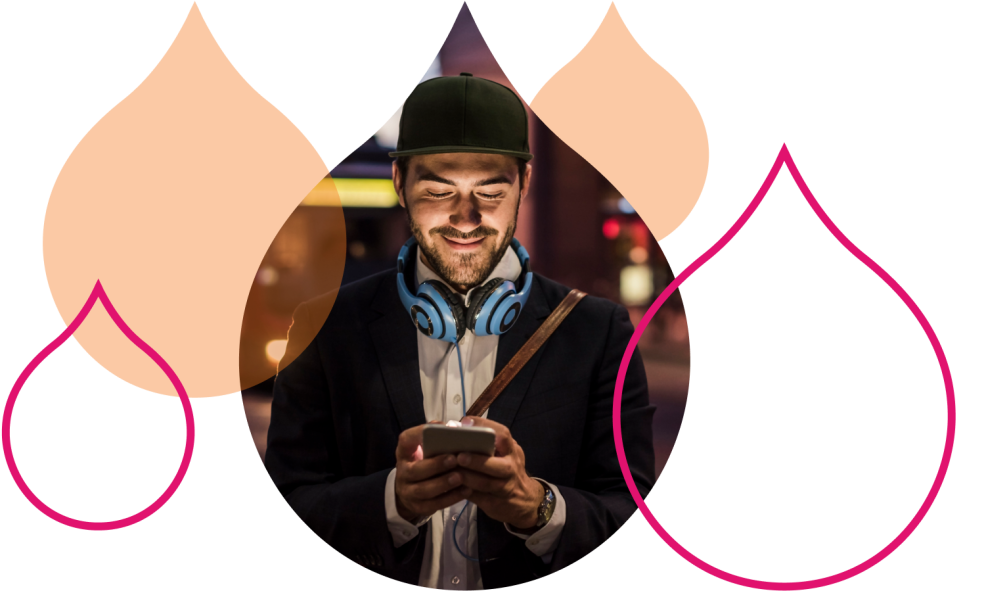 Person on phone in droplet surrounded by pink and orange droplets