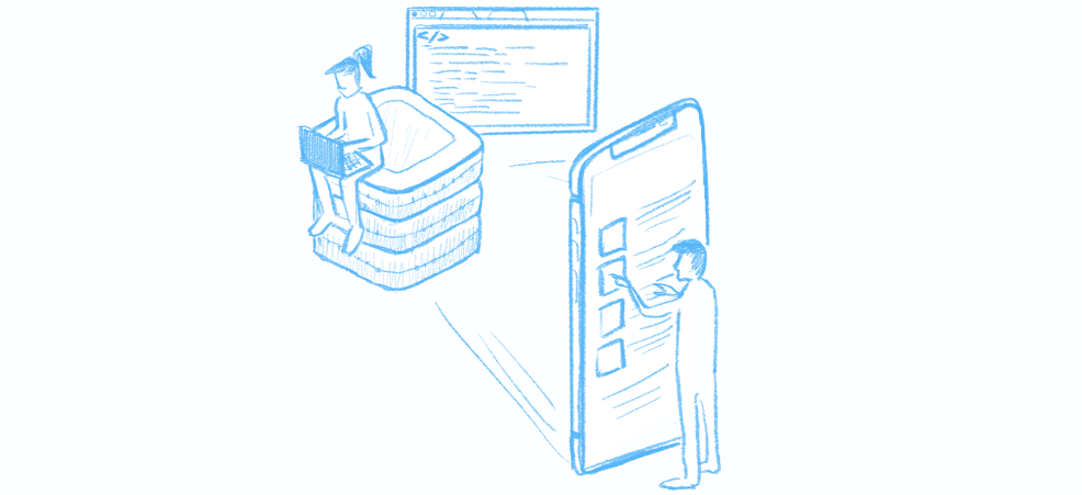 Two-color line drawing of a man and a woman in front of digital screens representing customer experience