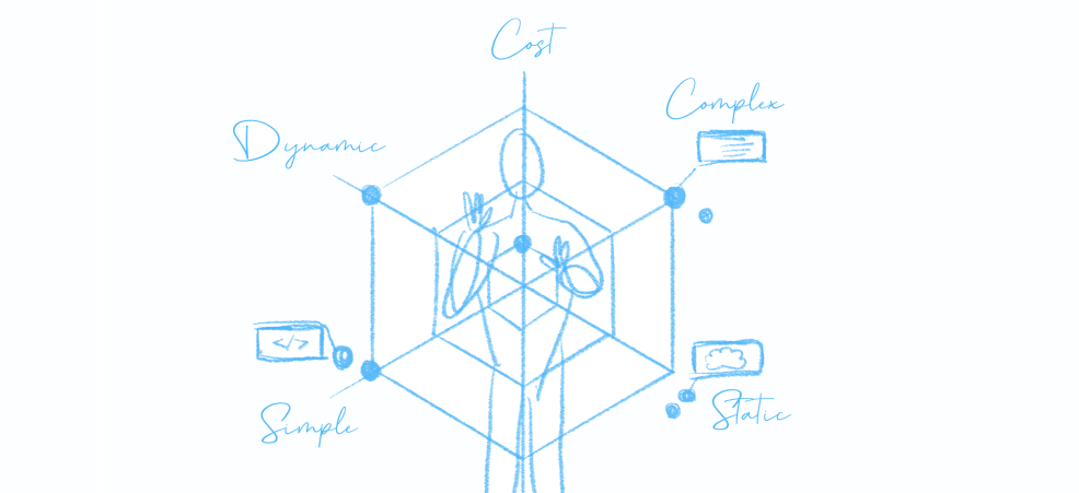 Two-color line drawing representing experience compositions and delivery options