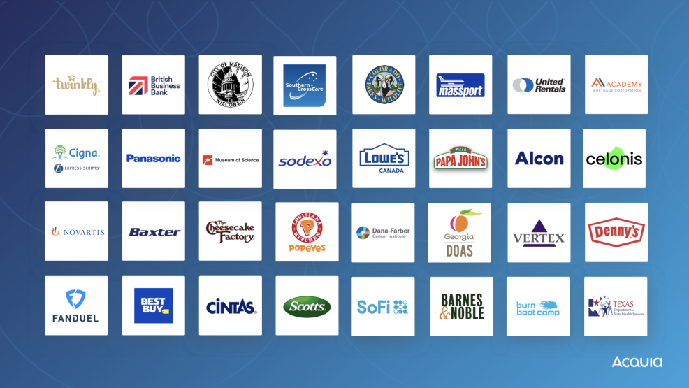 Graphic showing logos of 40 Acquia customers in 2022