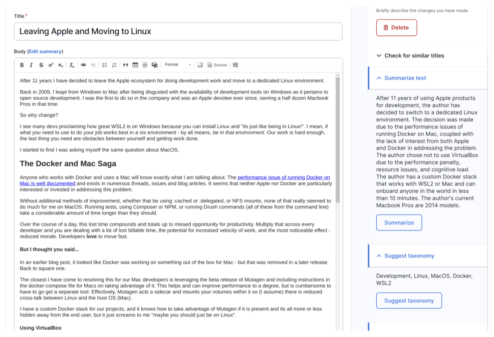 Screenshot of Drupal's editorial UI that shows a few integrations with ChatGPT in the sidebar