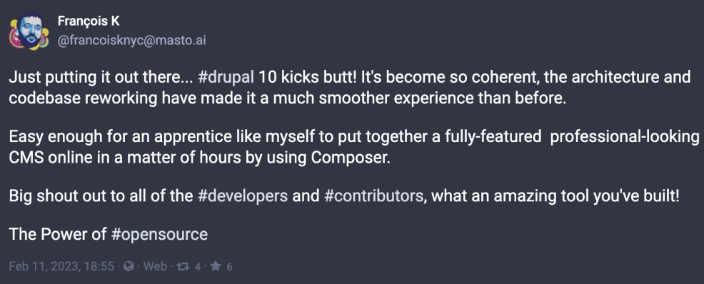 Screenshot of Mastadon post from Francois K about Drupal 10