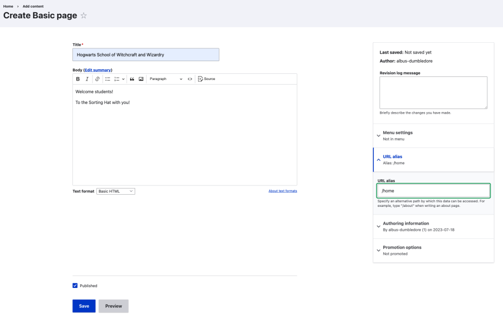 Basic Page Creation Screen