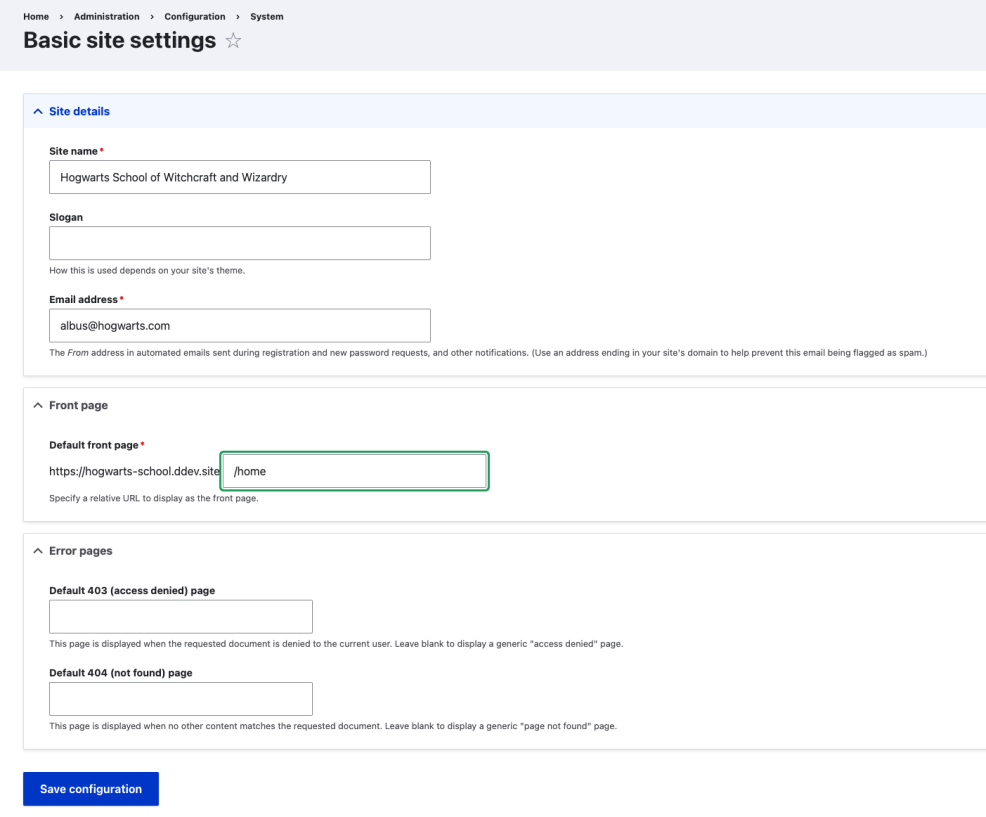 Basic Site Settings Screen