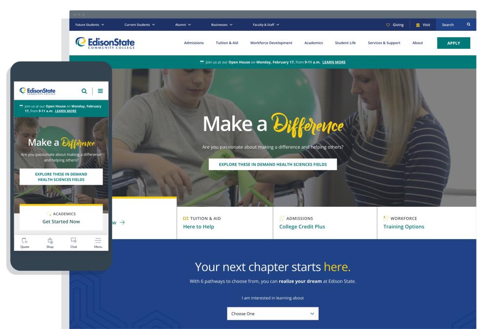 Top section of Edison State Community College website in desktop and mobile view