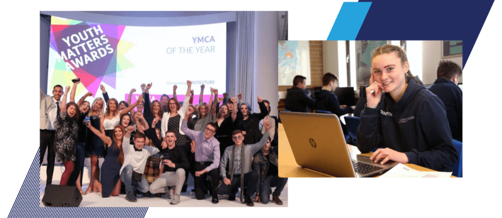 Two image collage with one group photo of youth in front of screen reading "YMCA of the Year"; second image of adolescent using laptop