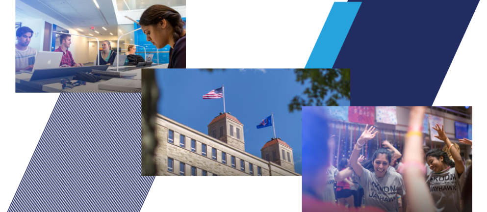 Collage of three images of students at a table, a university building and students celebrating