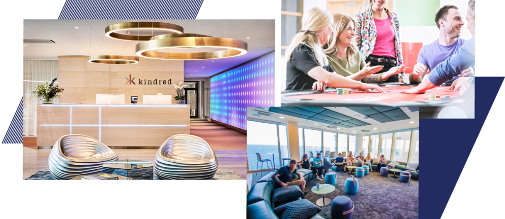 Collage of three images of Kindred lobby, gambling table and function room