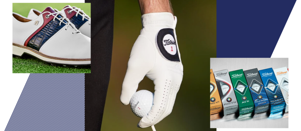Collage of three images of golf shoes, gloved hand holding golfball with tee and boxes of golfballs
