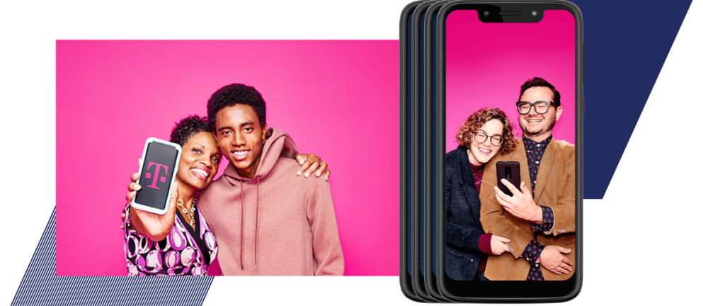 Mother with son, holding cell phone with T-Mobile logo on screen and separate phone screen with a couple