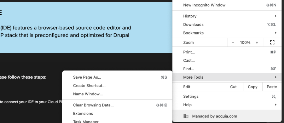 Screenshot of Acquia Cloud IDE interaction with the Chrome browser