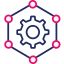 pink and navy cog with web of connected circles around it